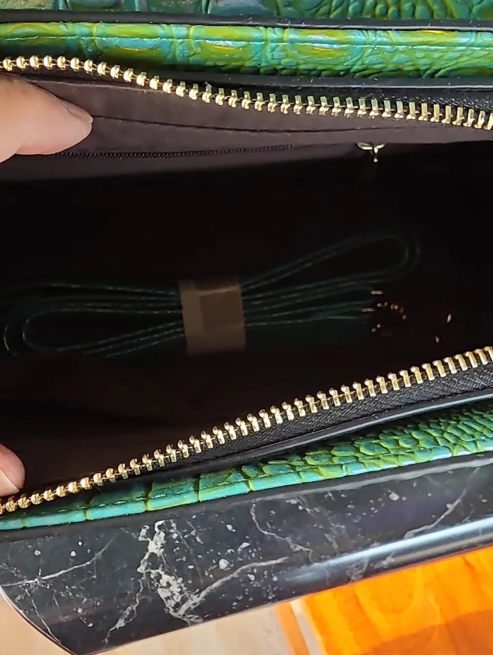 Iridescent Green Croc-Embossed Top-Handle Bag
